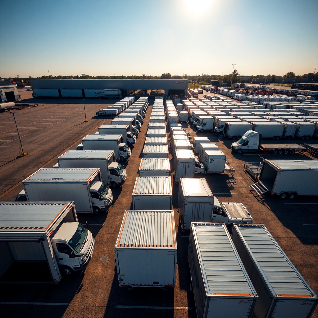 row of open car carrier trailers parked in a large sunny transport yard, aerial perspective, organiz