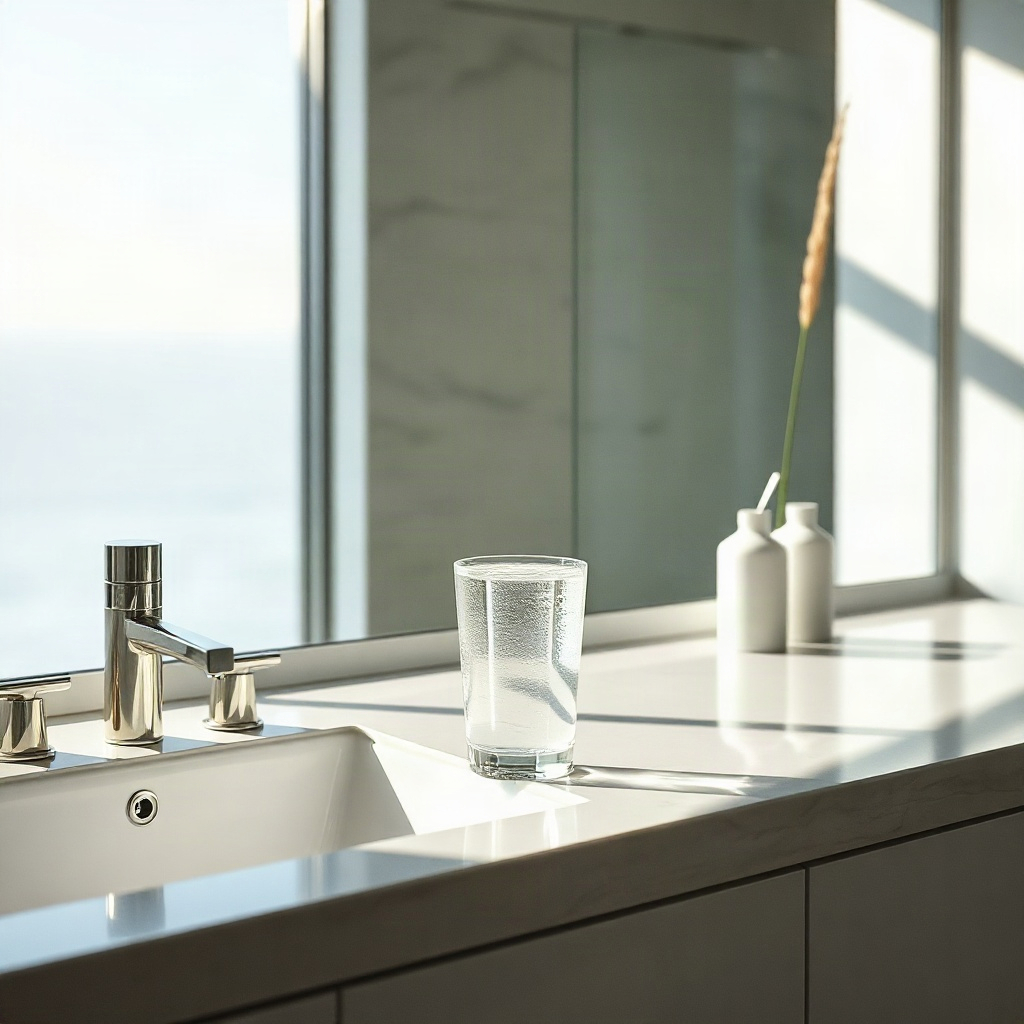 premium modern minimalist bathroom counter, high-end supplement bottle next to a glass of water, mor