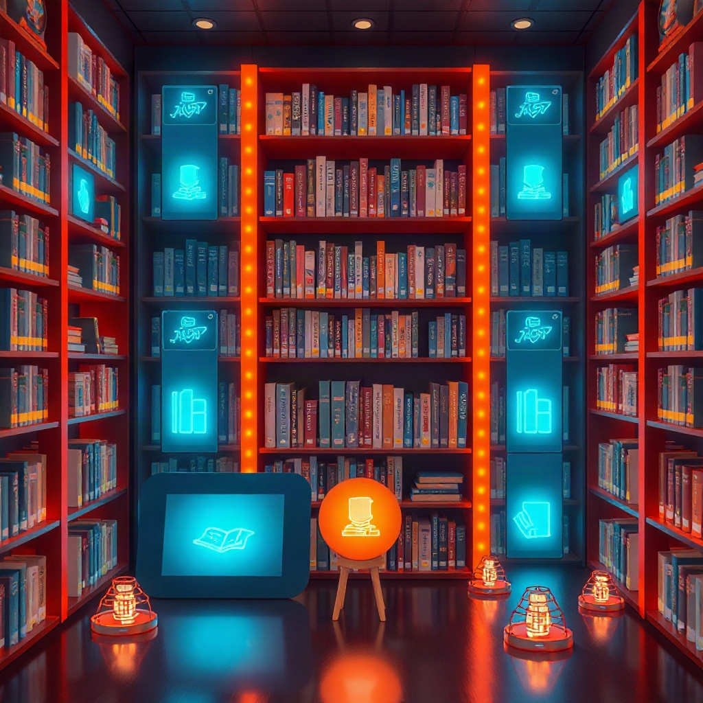 digital library with glowing books and icons, futuristic educational concept