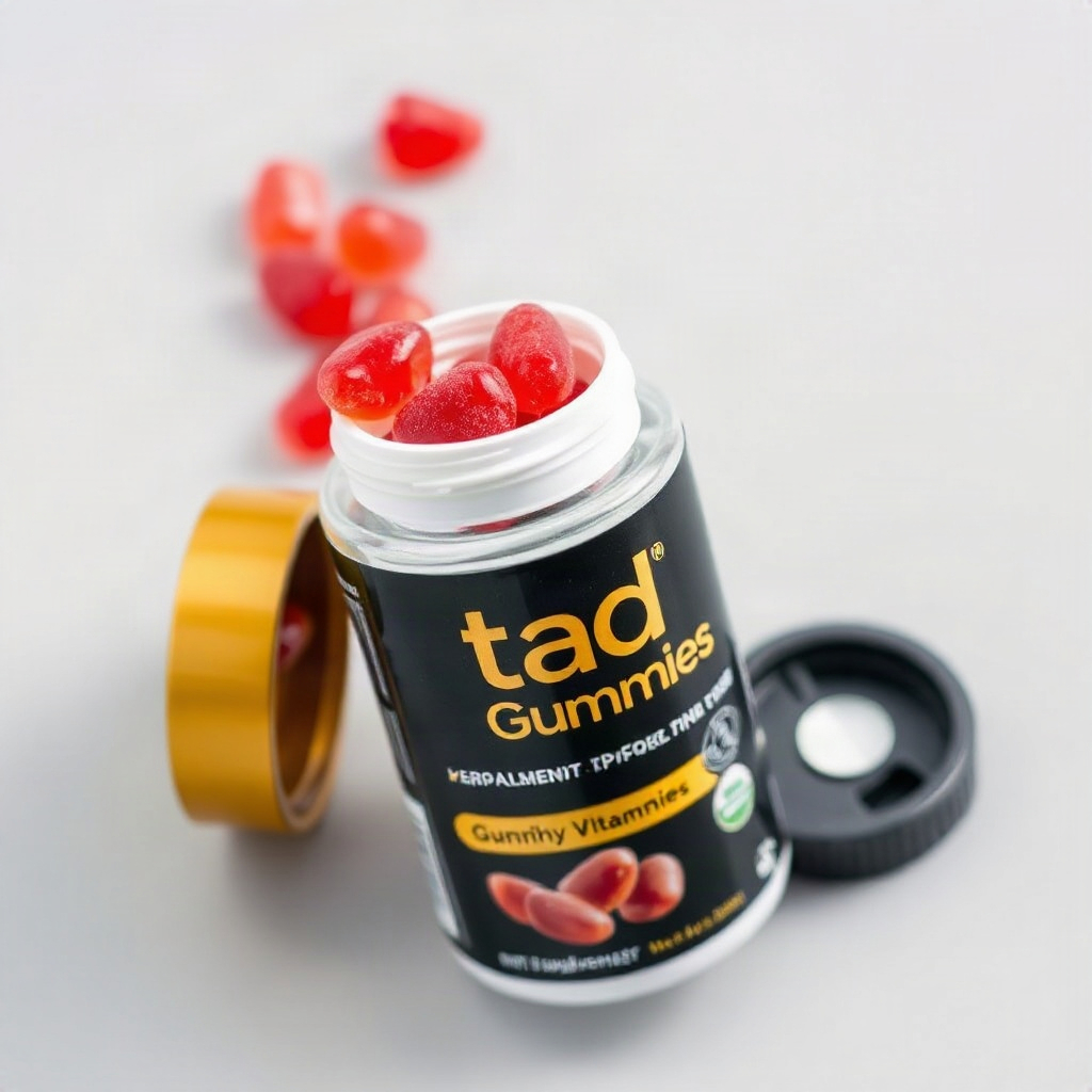 open TadaGummies supplement bottle with cap removed, red gummy vitamins spilling slightly at the rim
