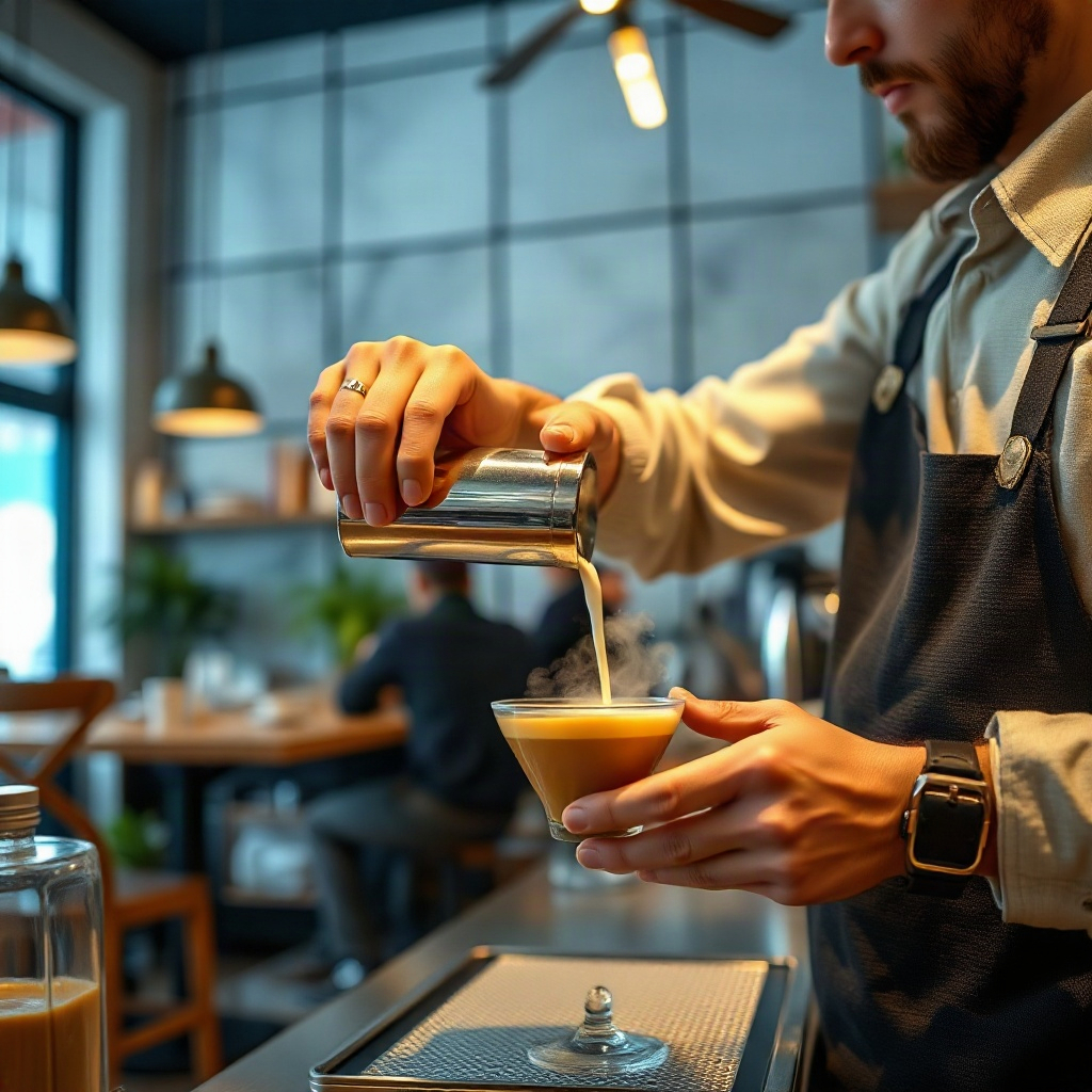 Barista pouring steamed milk into an espresso