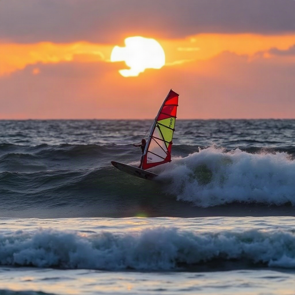 windsurfer riding a large wave at sunset