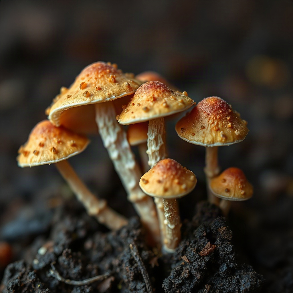 cordyceps militaris mushrooms macro photography, earthy tones,
natural fungal texture on dark backgr