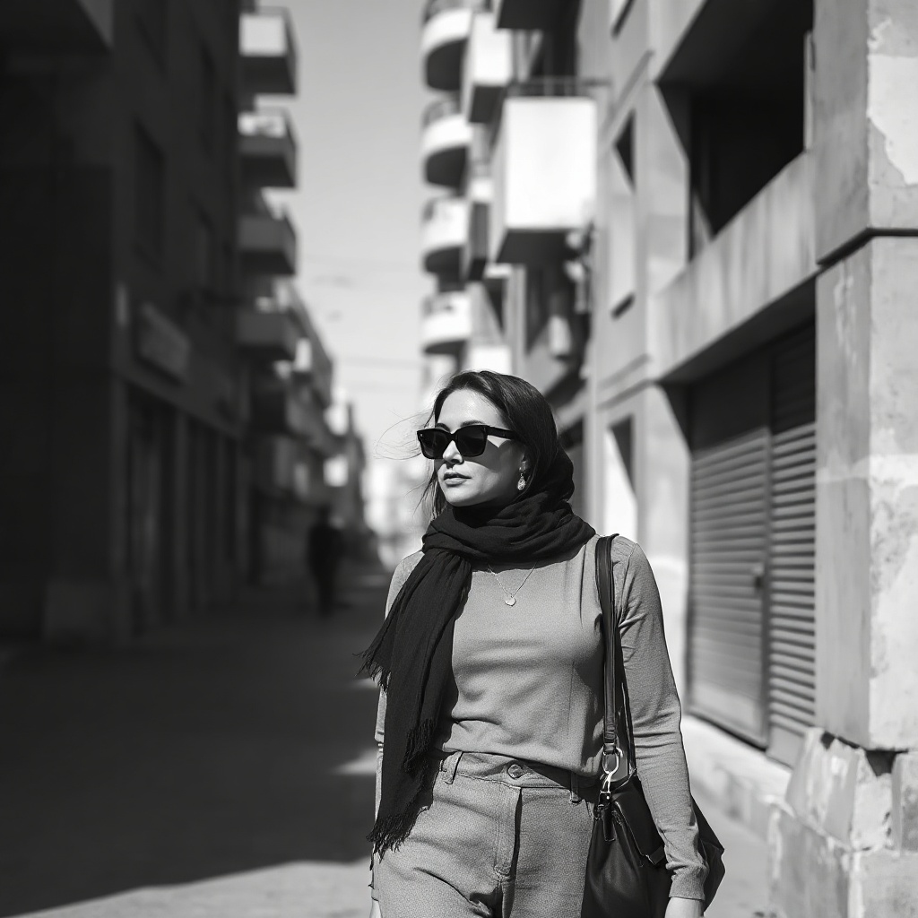 black white minimalist street fashion woman Aleppo Syria urban photography, monochrome