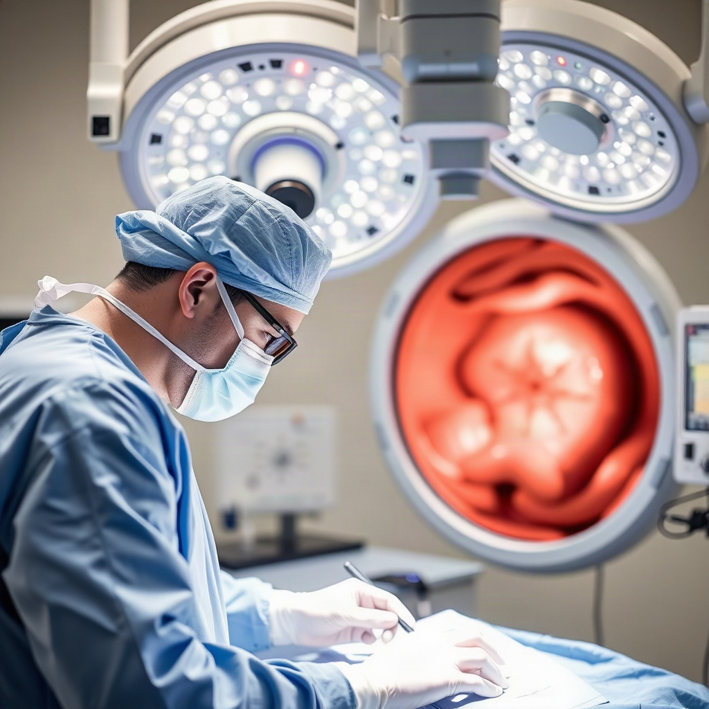 gastroenterologist performing endoscopy procedure in operating room, focused clinical moment, medica