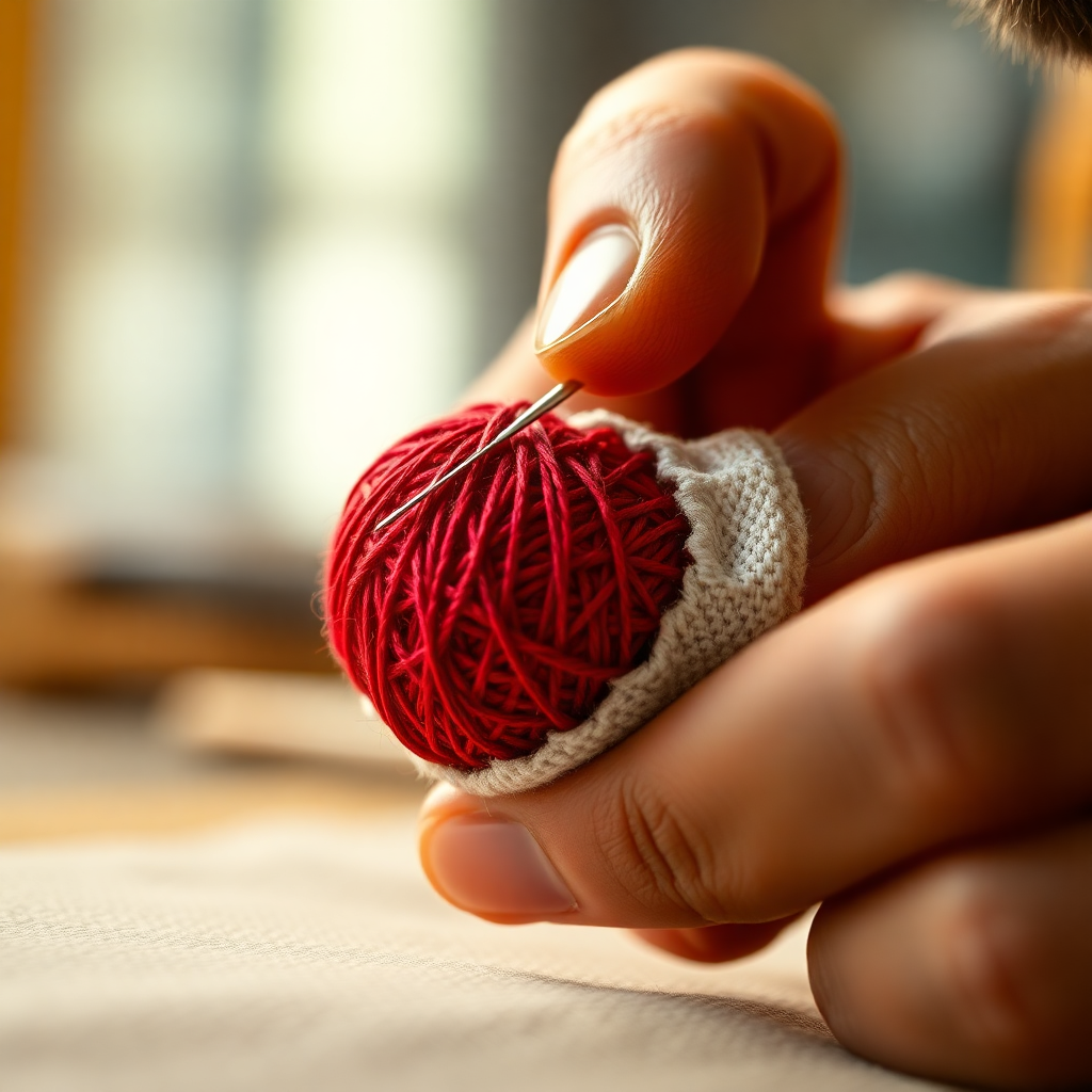 extreme macro photography of red cricket ball hand stitching