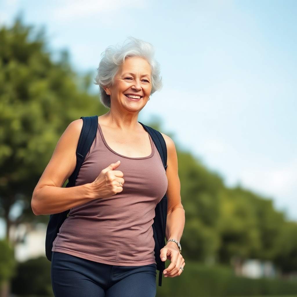 senior woman active healthy lifestyle, fit older woman walking outdoors, smiling confident look, hea