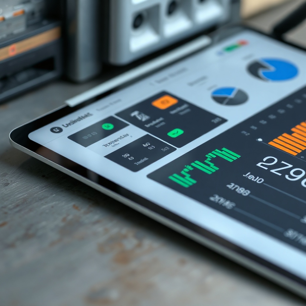 close-up of a clean modern dashboard interface on a tablet sitting on an industrial desk, green data