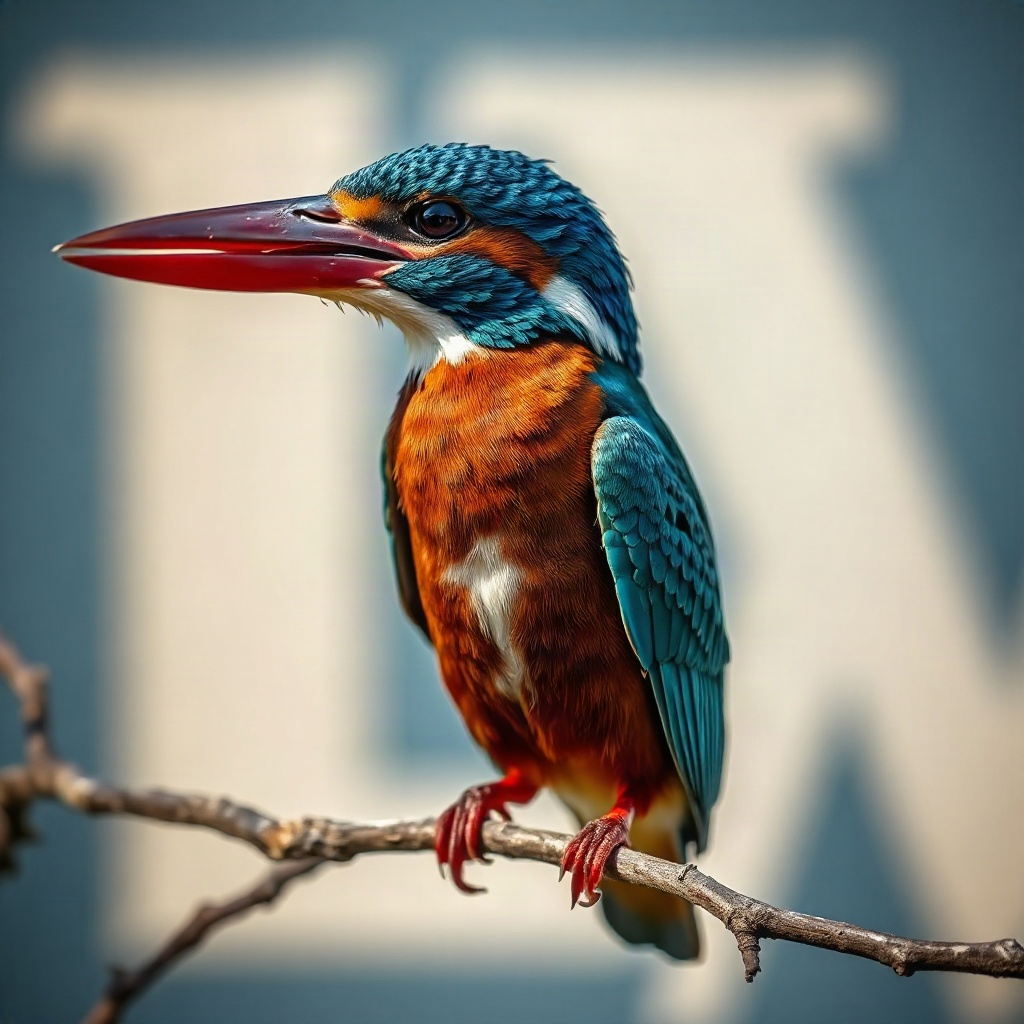close up of a kingfisher bird with large LW letters in the background, editorial photography