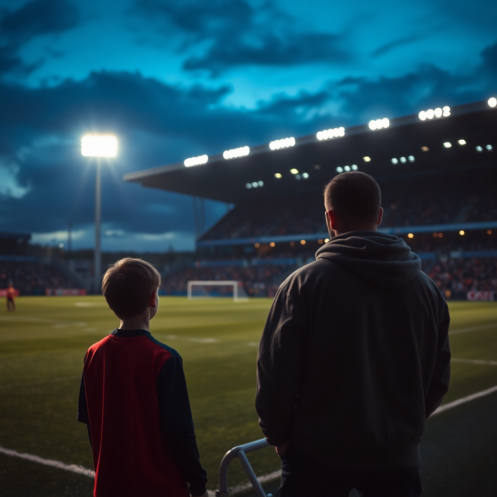 A young footballer training under floodlights while a parent watches from the touchline