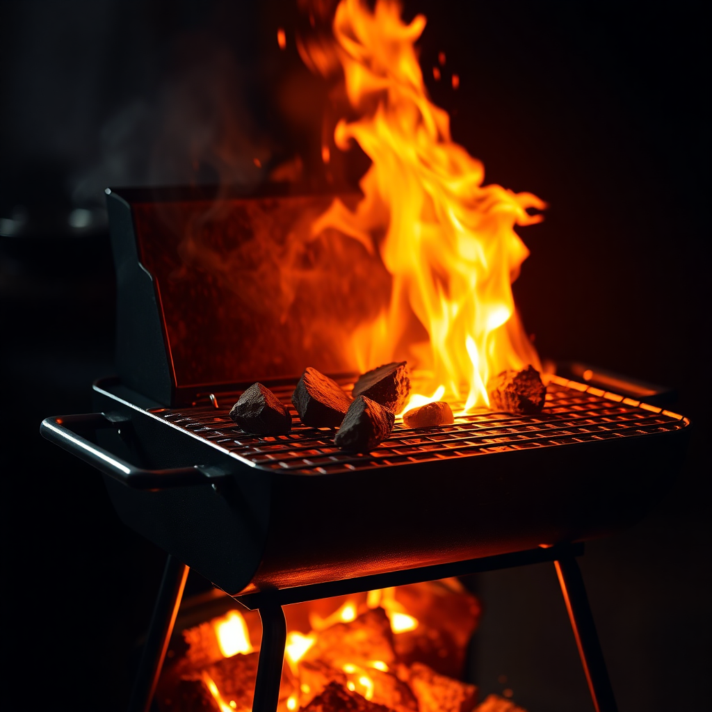 premium BBQ charcoal grill with intense glowing coals and dramatic fire flames, dark moody backgroun
