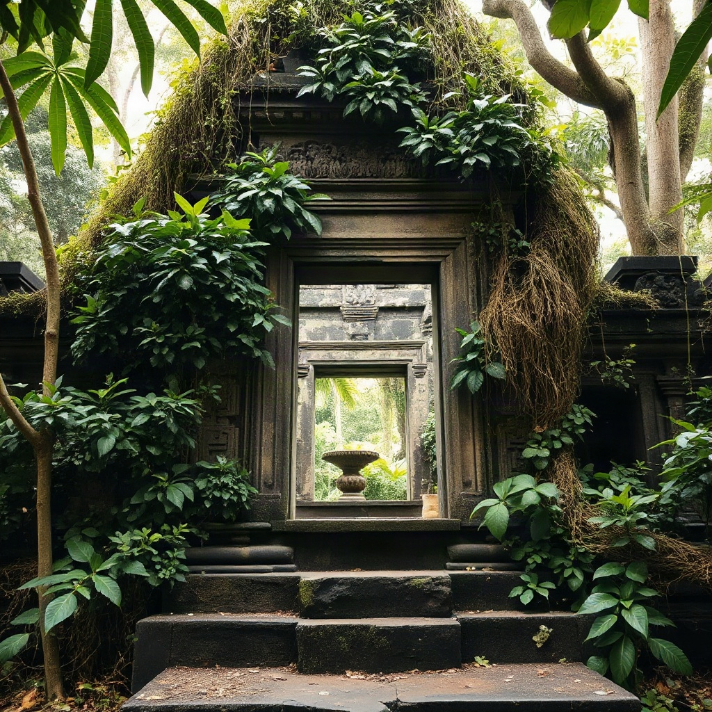 ancient stone temple ruins overgrown with tropical vines in the jungle