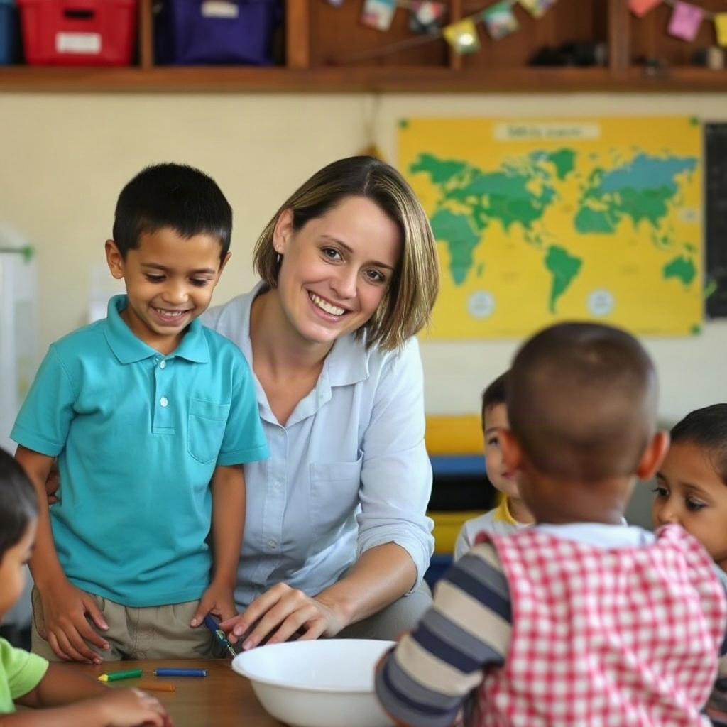 cheerful volunteer teaching young children in a rural preschool, engaging and meaningful
