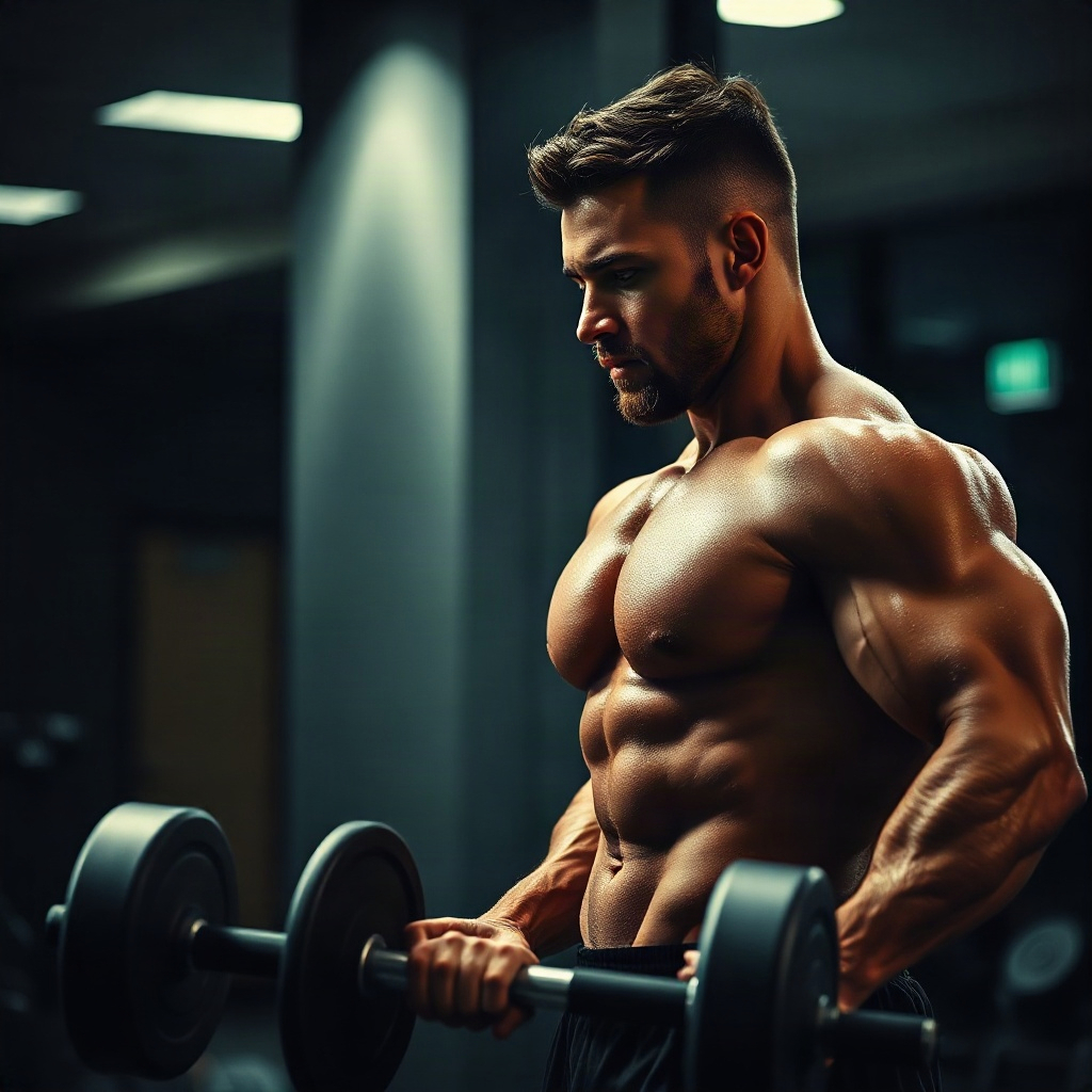 muscular man working out in modern gym, cinematic lighting, dramatic shadows, peak performance