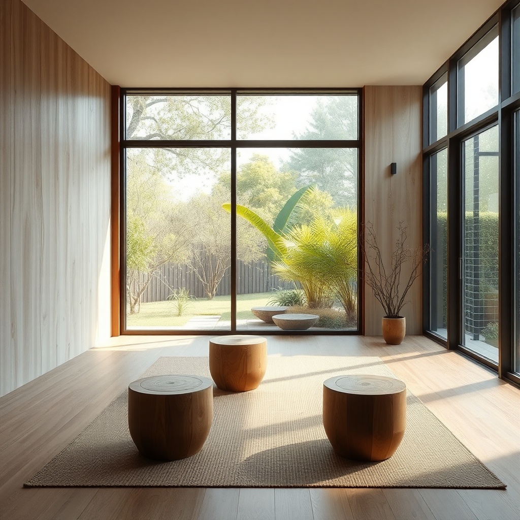 serene meditation room with natural textures, wooden stools, large windows looking into a garden, so
