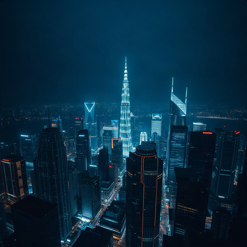 dark cinematic aerial view of a Southeast Asian megacity skyline at night, glowing skyscrapers, mood