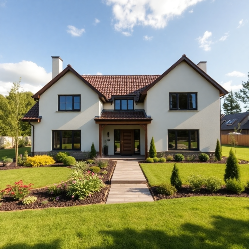 new construction single family house Poland countryside finished exterior landscaping garden sunny d