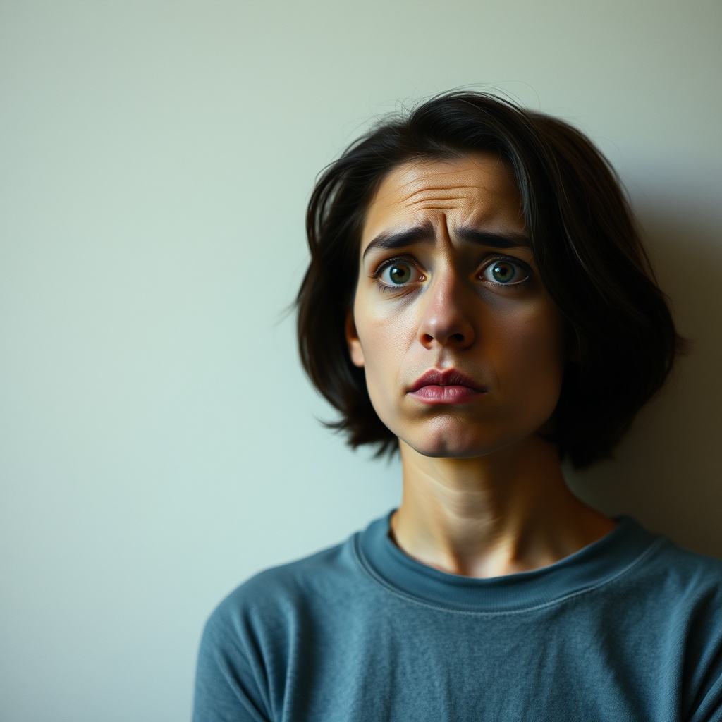 Person staring blankly at a wall, frustrated expression about forgetting something important, muted 