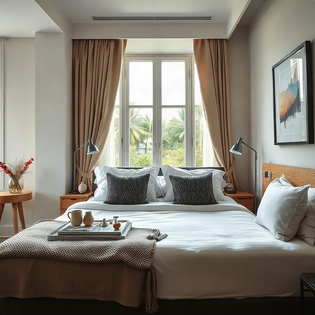 high-end airbnb bedroom, perfectly made bed, hotel standard styling