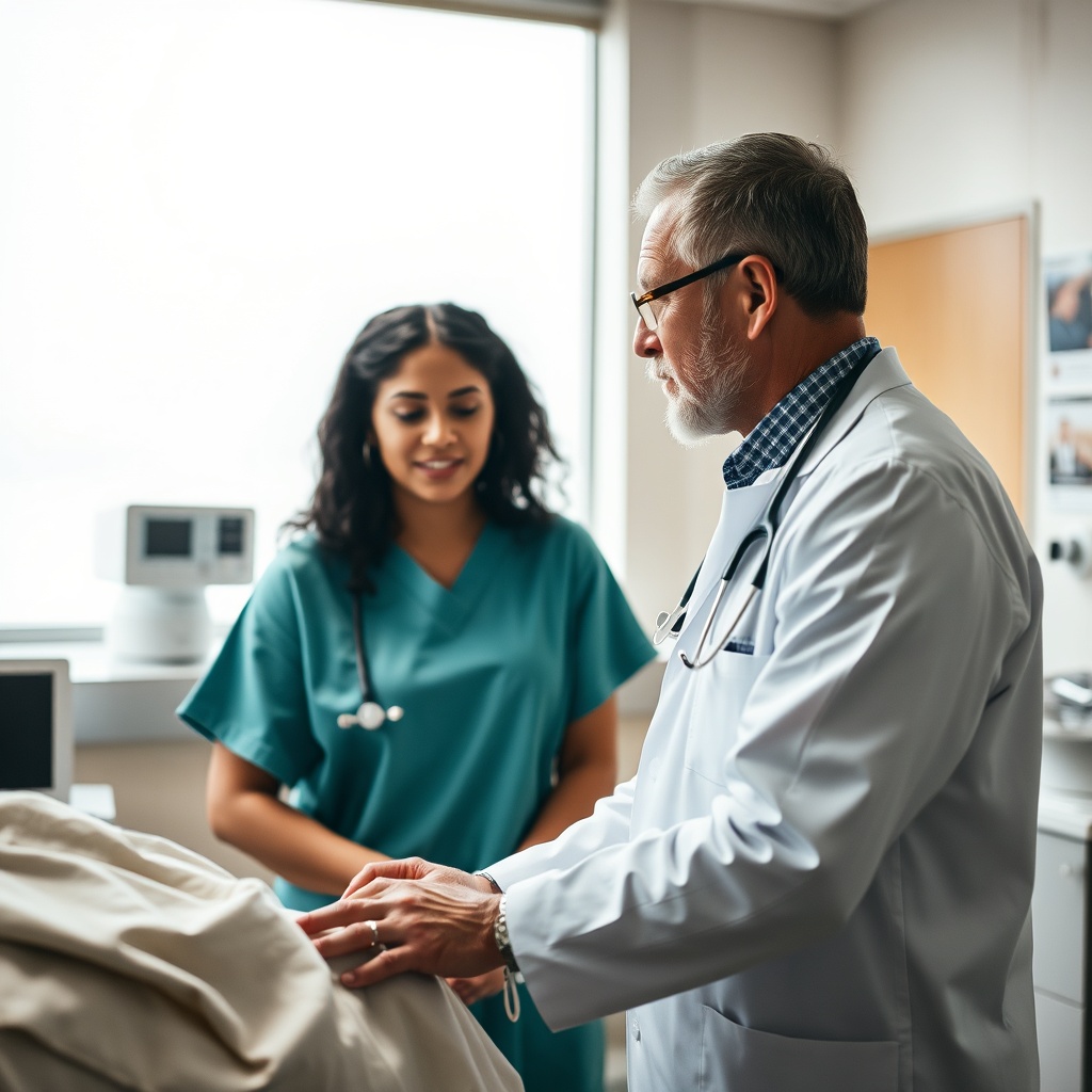 medical student performing clinical rotations examining a patient in a modern well-lit hospital room
