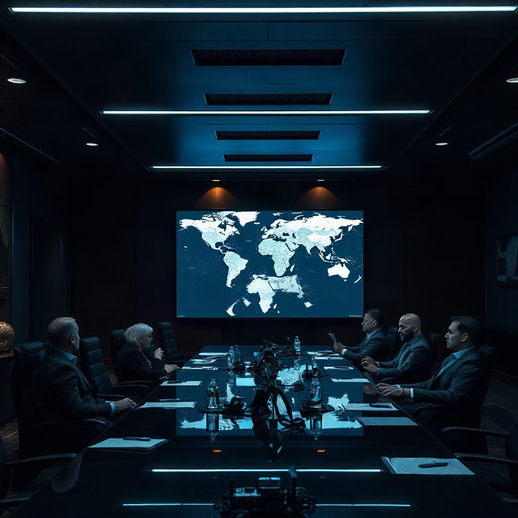dark moody photo of a high-end corporate boardroom meeting with global maps on screens, focused prof