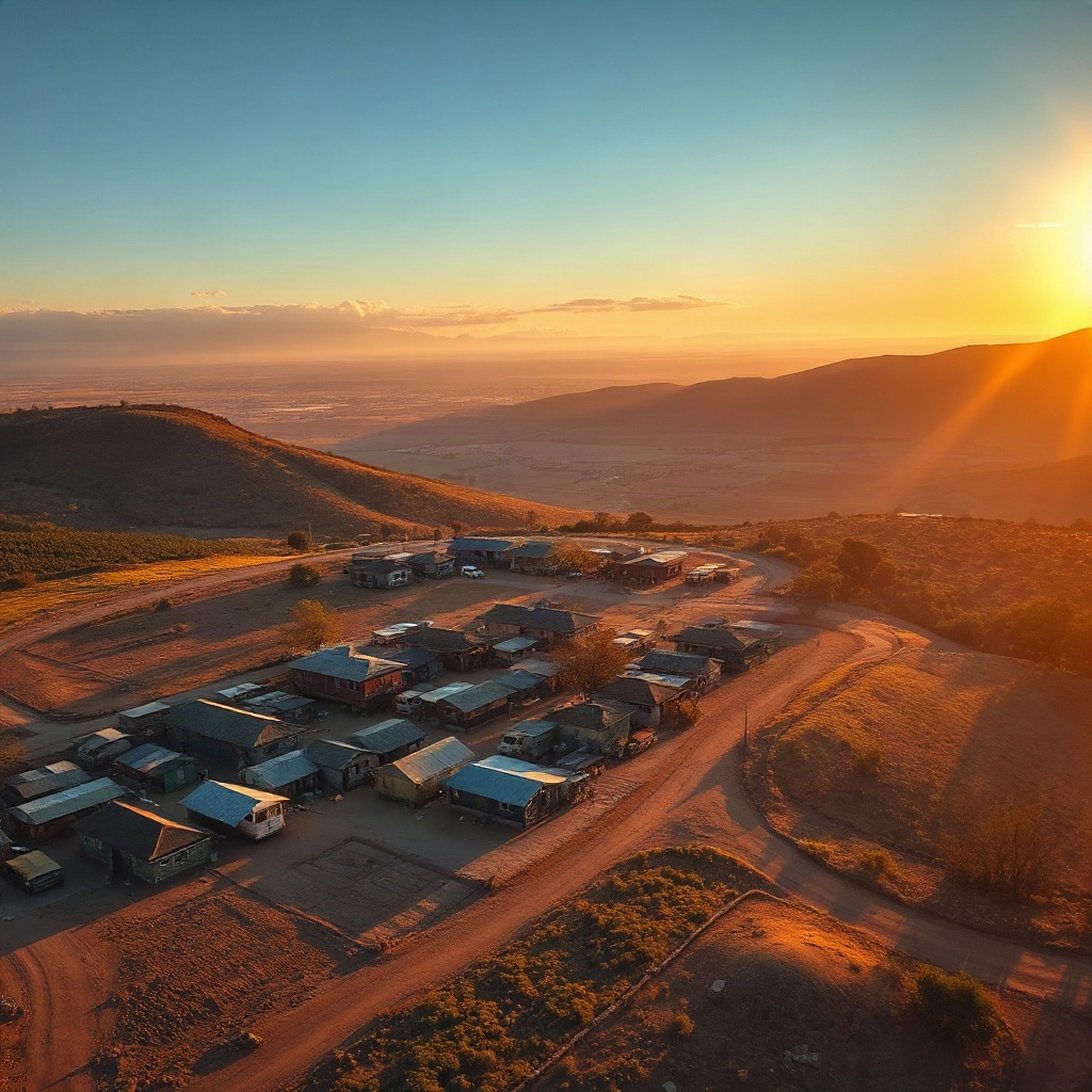 aerial view of a rural South African community, hopeful and vast, golden hour