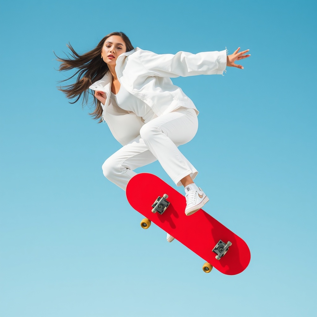 editorial high fashion action photo of a woman in white streetwear jumping with a red skateboard, sk