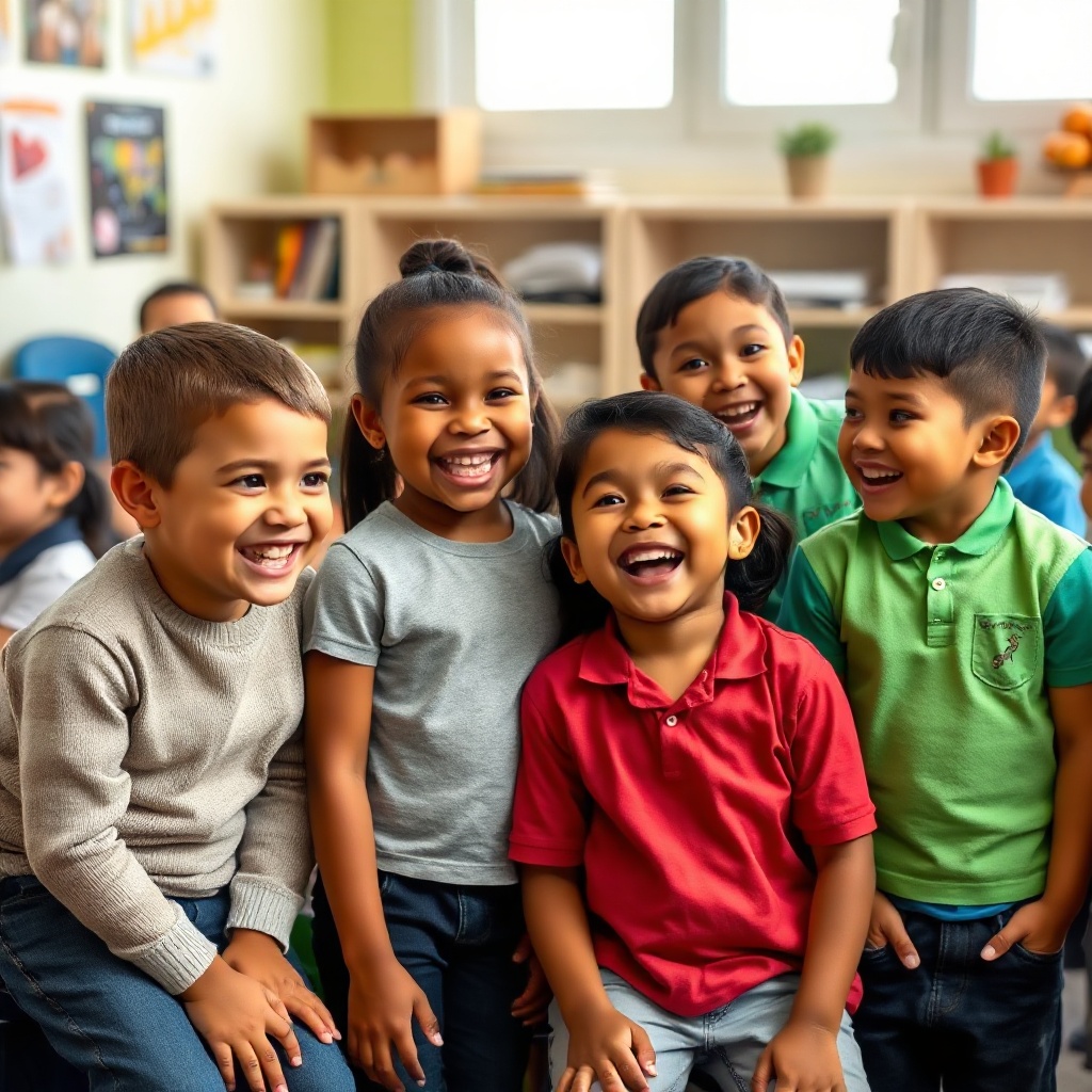 diverse group of happy children laughing together in a classroom, vibrant educational setting