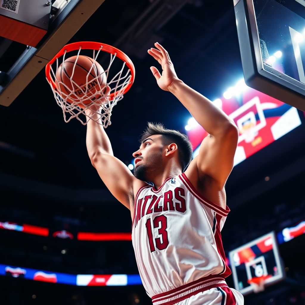 NBA basketball game dramatic close up player dunking, professional sports photography, vibrant court