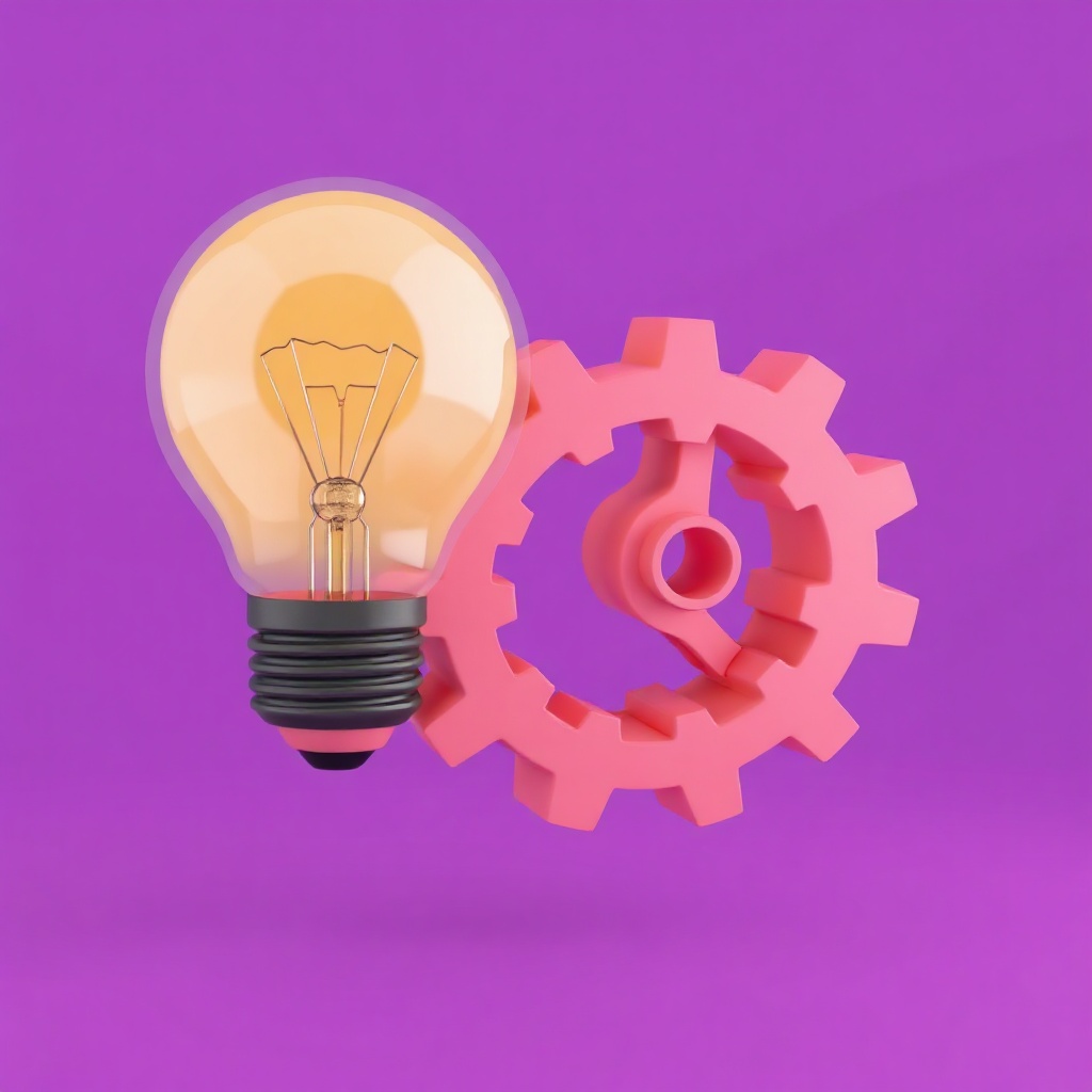 3D illustration of a lightbulb and gear, innovation concept, bright purple background