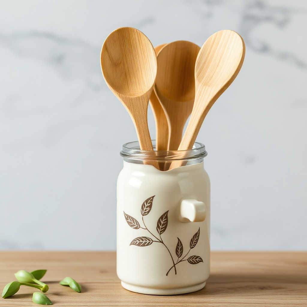 collection of sustainable bamboo cooking spoons and turners in a ceramic jar