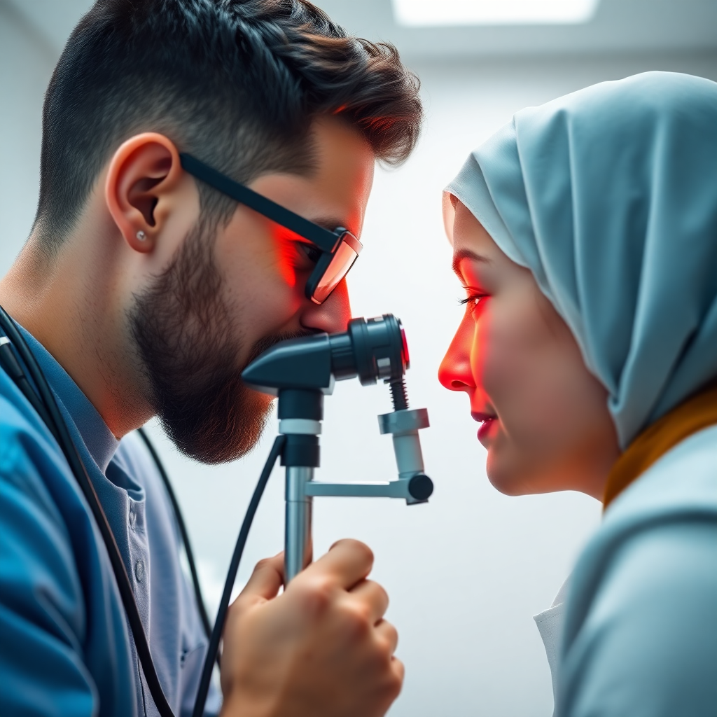close-up of a medical student examining a patient's eye with an ophthalmoscope in a bright examinati