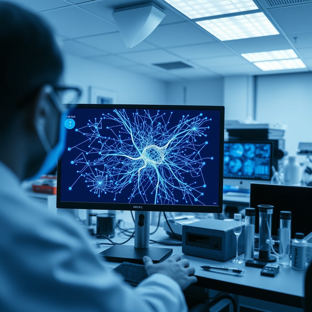 scientific research scene showing neural network visualization on a screen in a modern laboratory, b