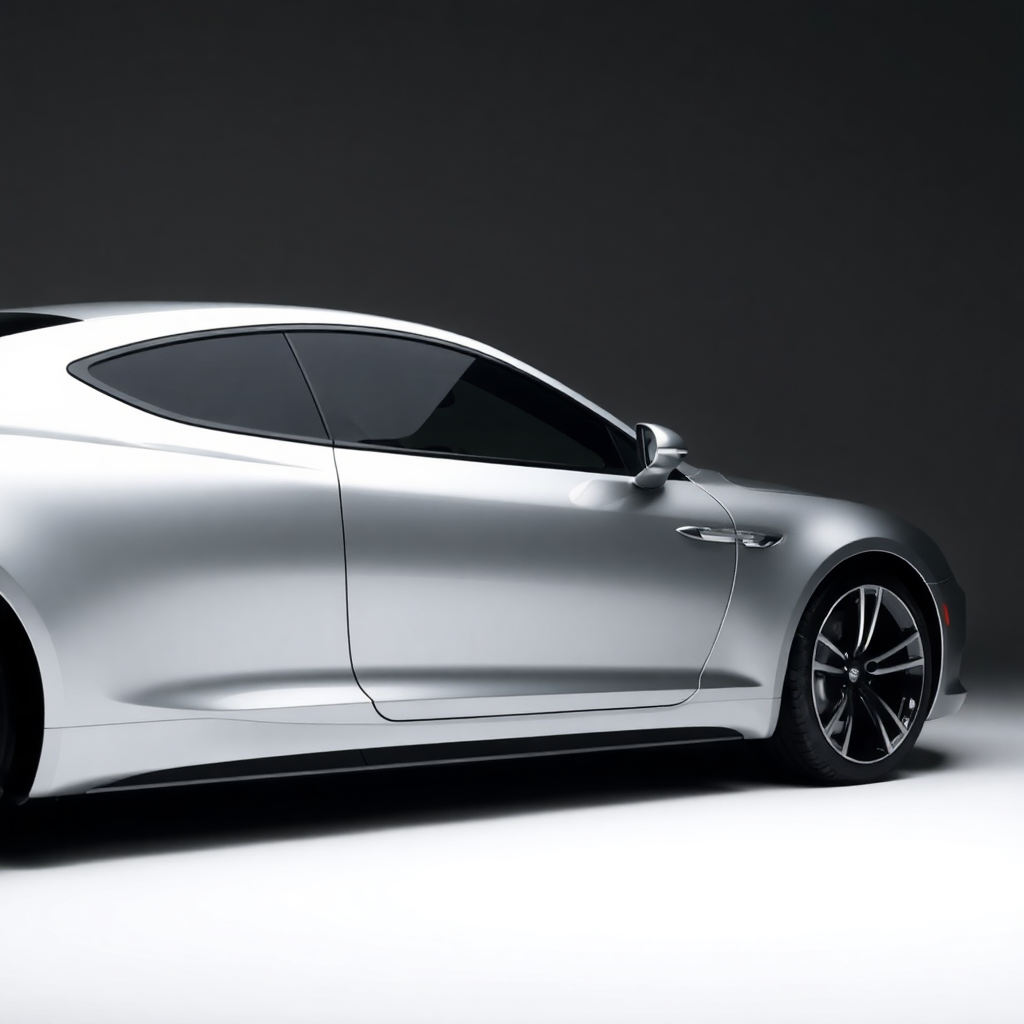 dark studio shot of a silver grand tourer coupe side profile, sleek aerodynamic lines, premium autom