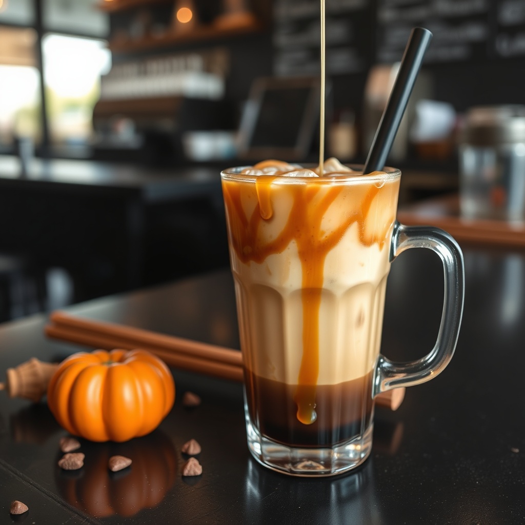 desert witch caramel cold brew iced coffee in a cup with caramel drizzle, dark moody coffee shop