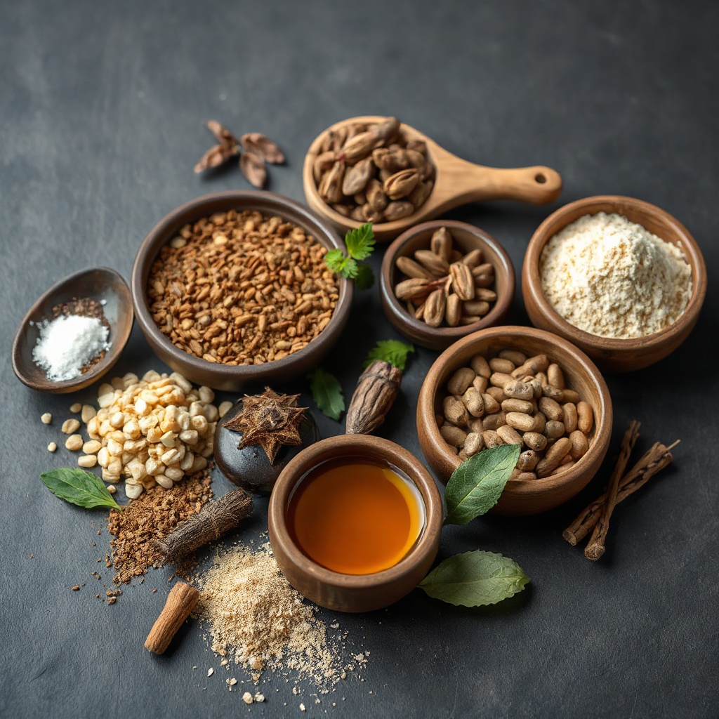 natural herbal ingredients and botanical extracts arranged neatly on a dark surface, scientific prem