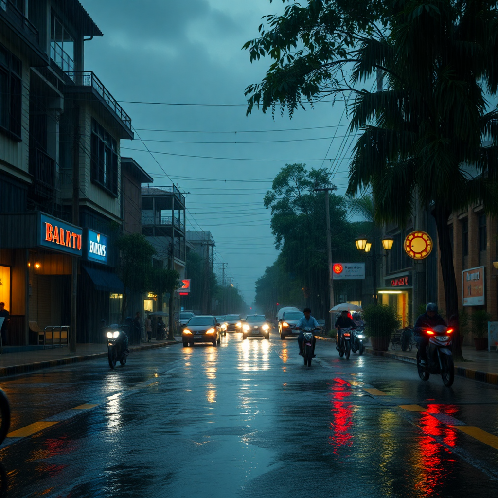 heavy tropical rain storm flooding street Chiang Mai Thailand, dramatic weather, street photography