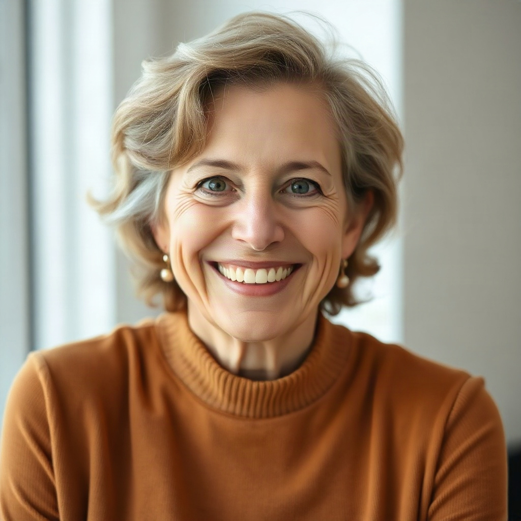 friendly portrait of a woman in her 50s, warm smile, natural
light, professional headshot