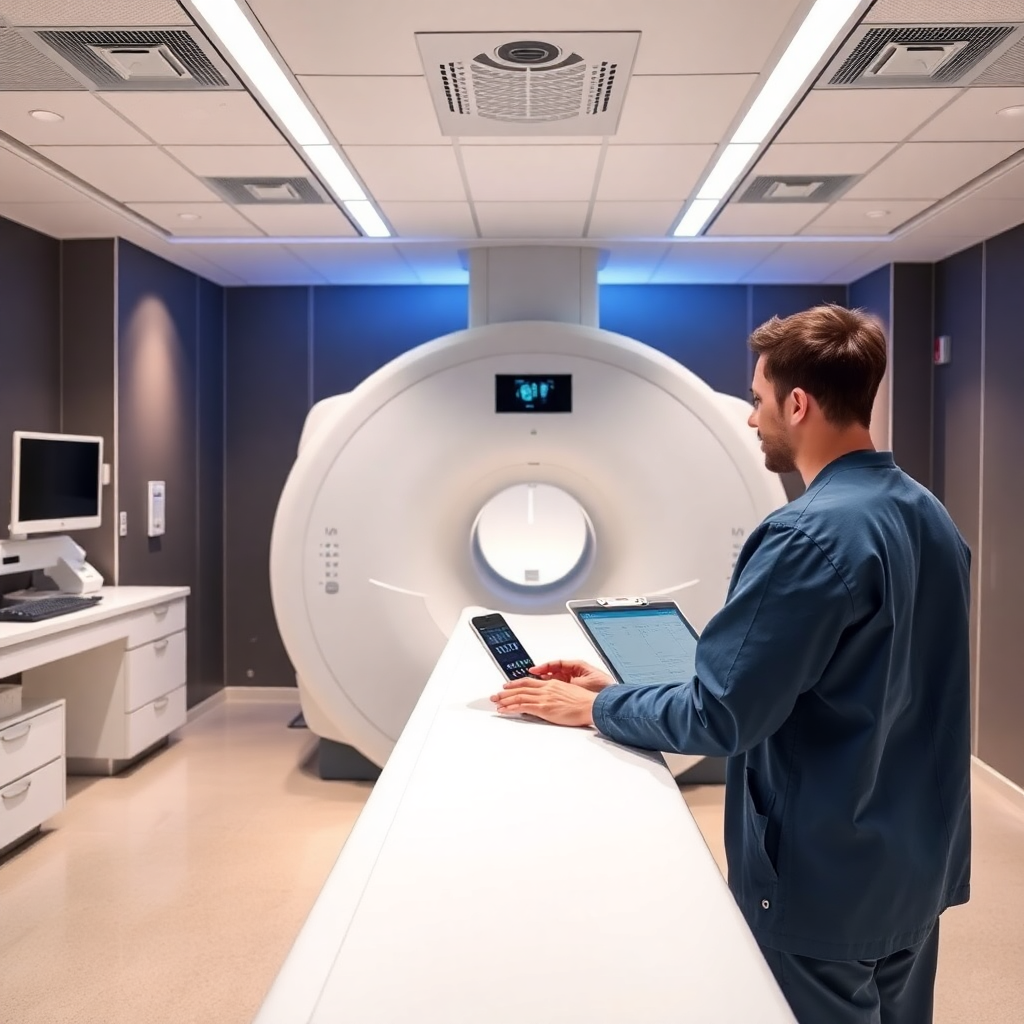medical student operating an advanced MRI machine in a sleek modern imaging center, high-tech equipm