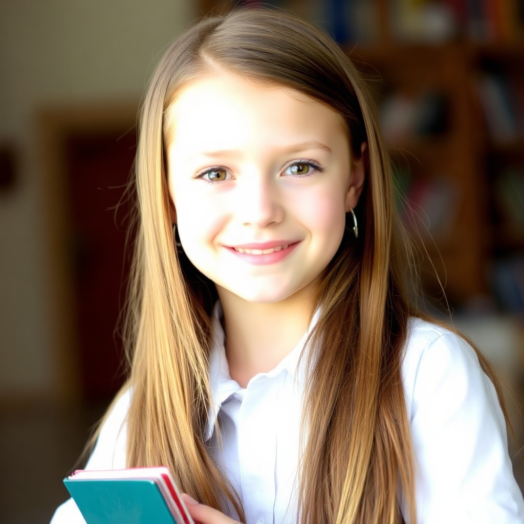 portrait of a young school girl with long brown hair, wearing a white shirt, holding books, smiling 