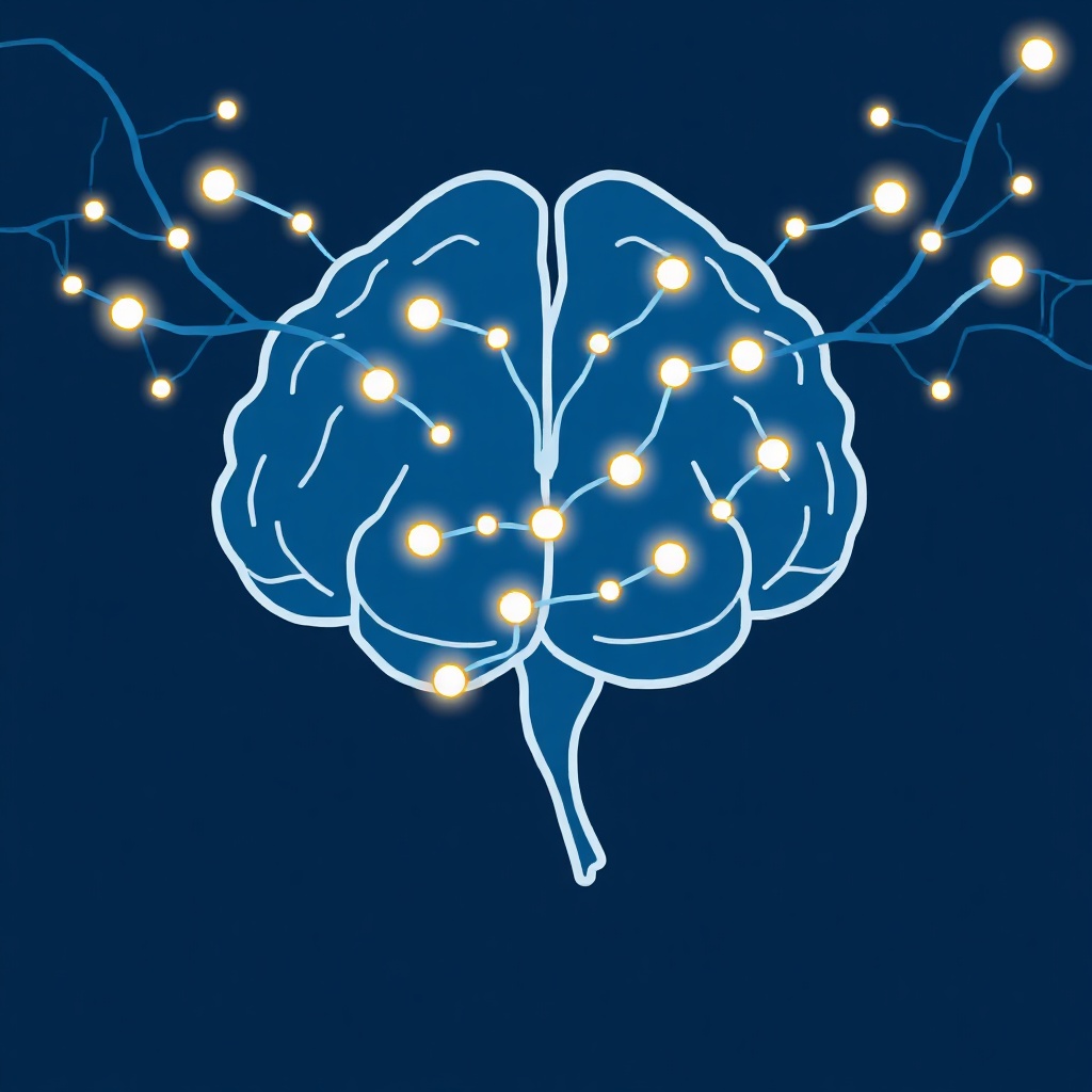 scientific icon-style illustration of neural network connections and glowing synapse nodes, blue ton