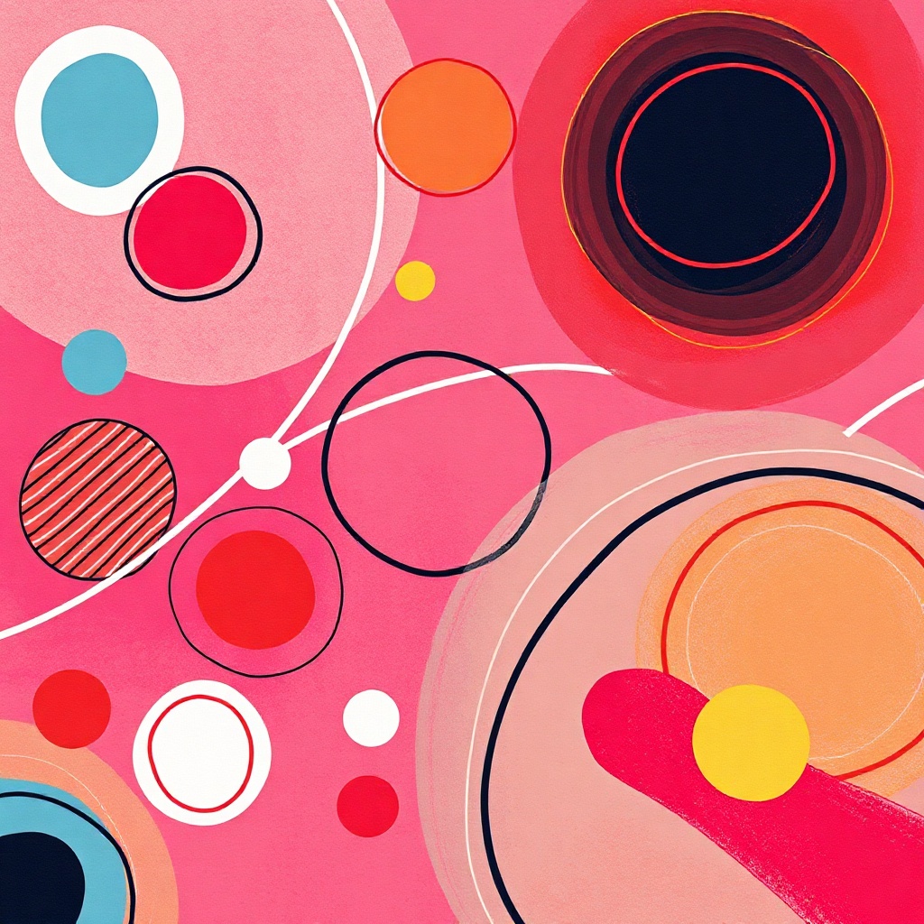 abstract art with colorful circular and curved lines, geometric patterns in pastel and vibrant tones