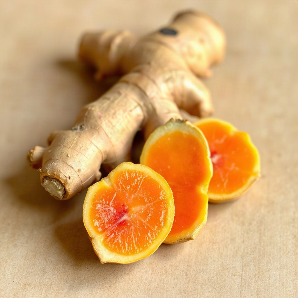 fresh ginger root sliced, vibrant orange-pink interior,
natural food photography on neutral backgrou