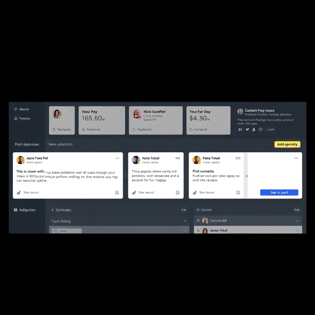detailed professional dashboard UI showing social media post approval workflow with sidebar and cont