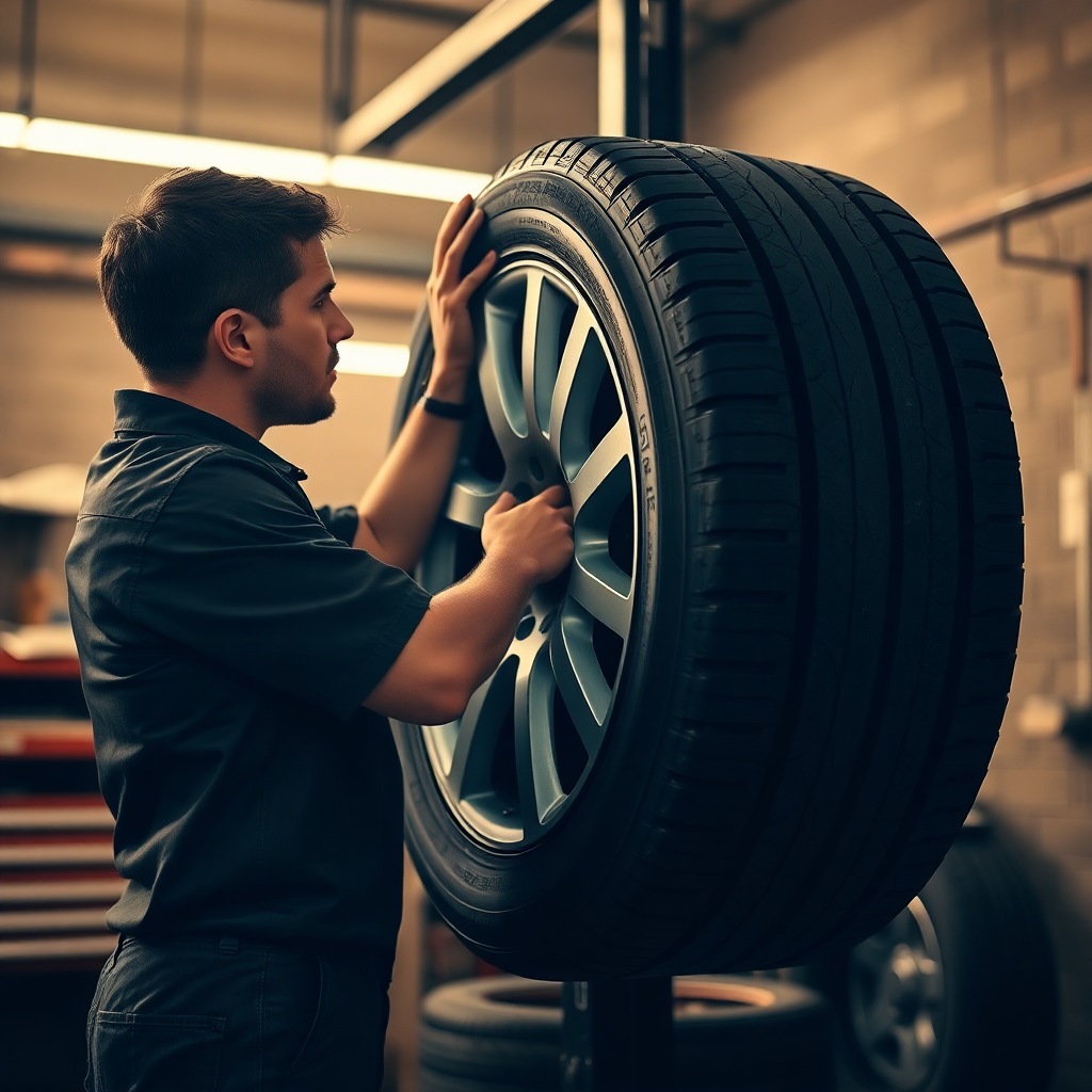 Mechanik zakładający oponę na felgę w profesjonalnym serwisie oponiarskim