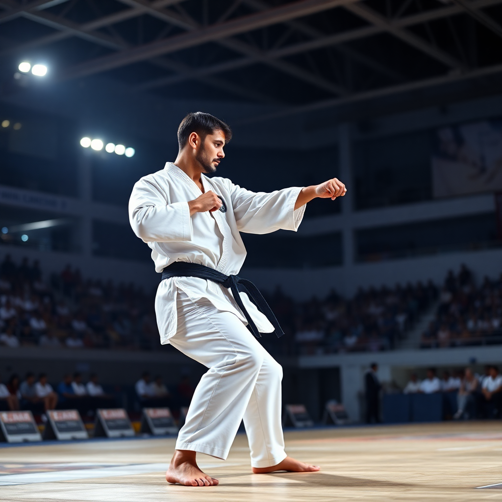 karate kata competition professional athlete in white gi uniform in kiba-dachi stance, sports photog