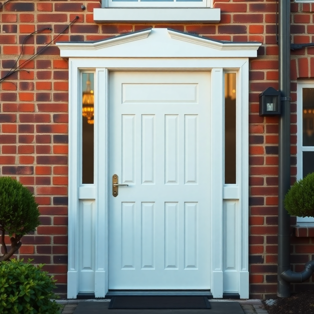 white plastic front door and window frames on traditional Dutch brick house, curb appeal, daytime