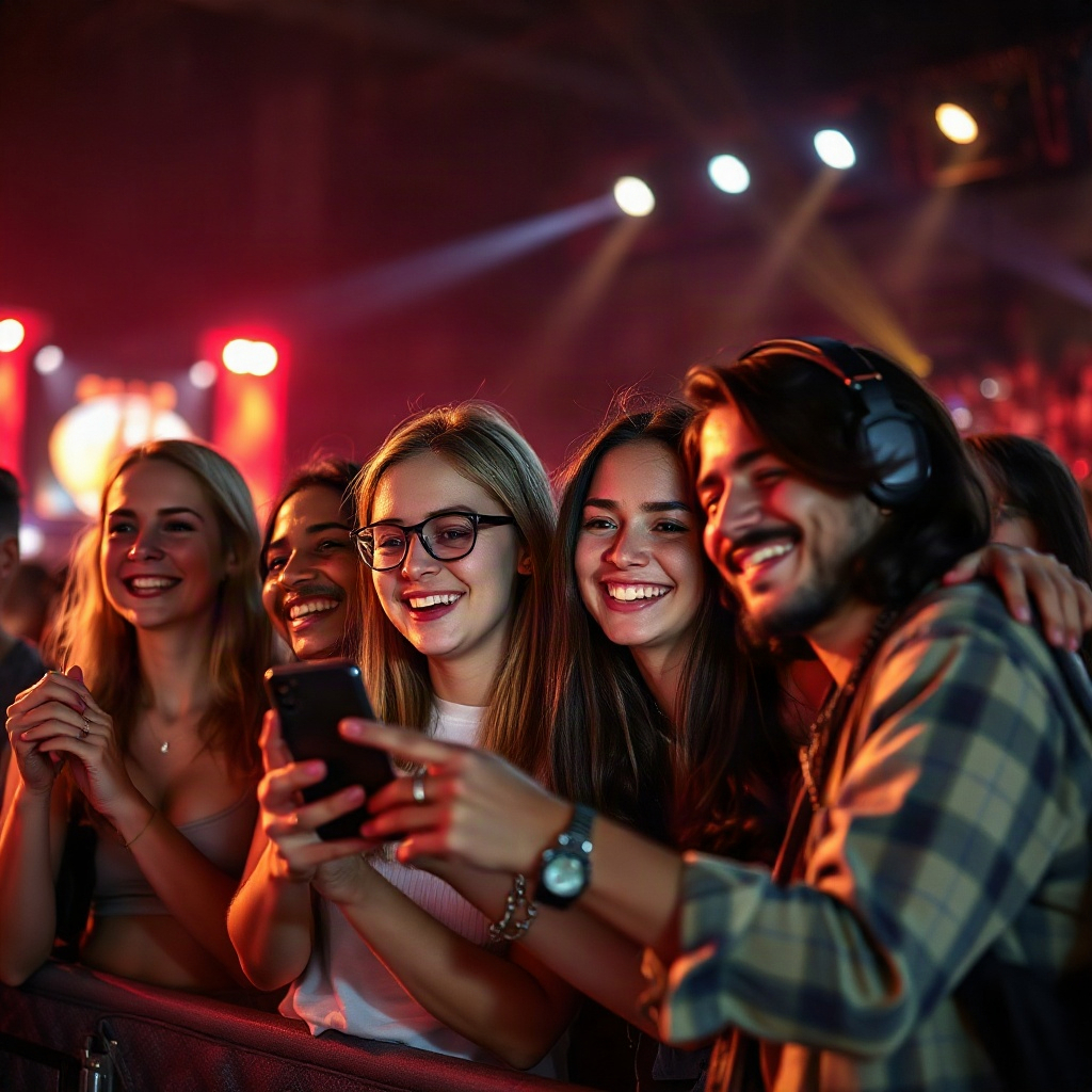 Grupo de amigos em um show olhando para o celular e sorrindo