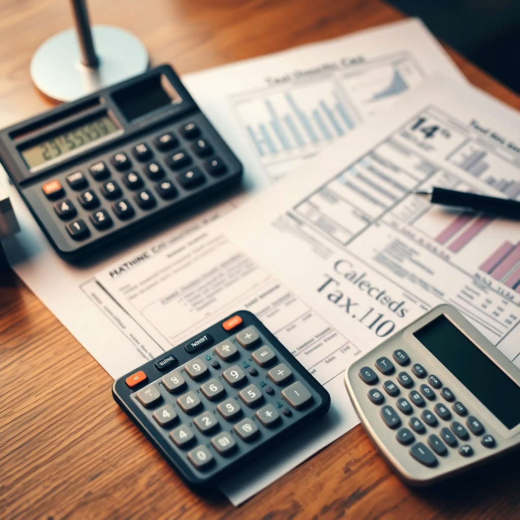 tax documents and calculator on desk, professional financial planning, warm editorial photography