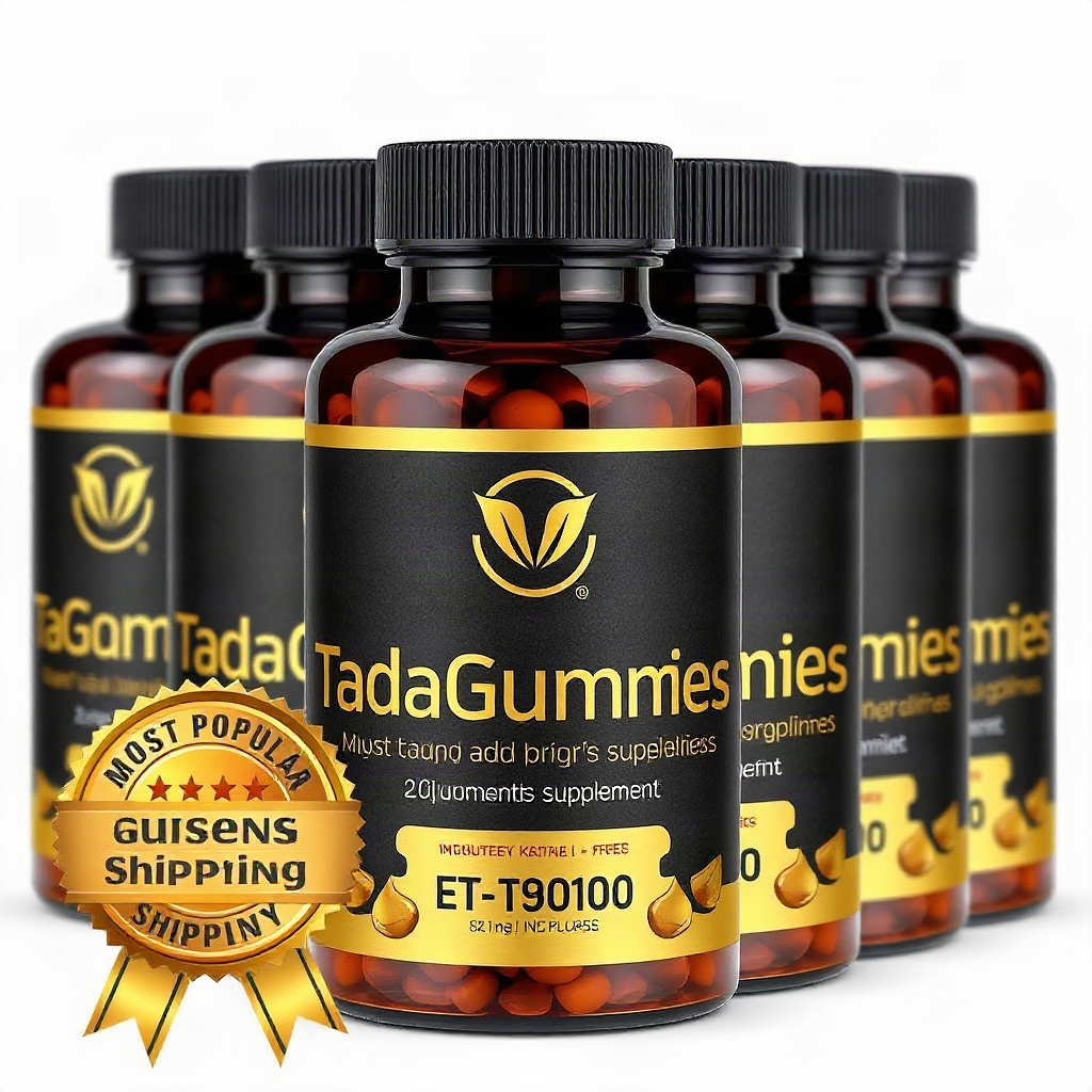 six bottles of TadaGummies supplement lined up together, black and gold labels, most popular gold ri
